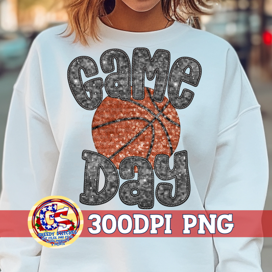 Basketball Game Day Black Faux Embroidery Sequins PNG