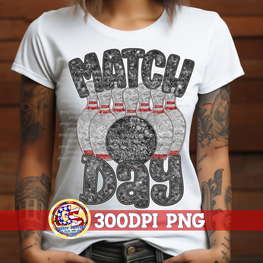Bowling Match Day Black Faux Embroidery Sequins PNG for Sublimation