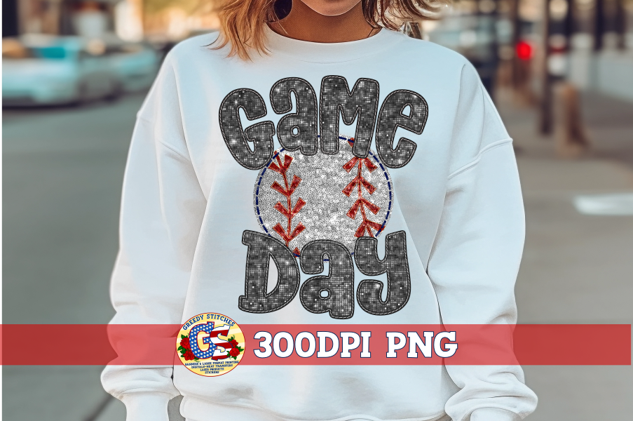 Baseball Game Day Black Faux Embroidery Sequins PNG