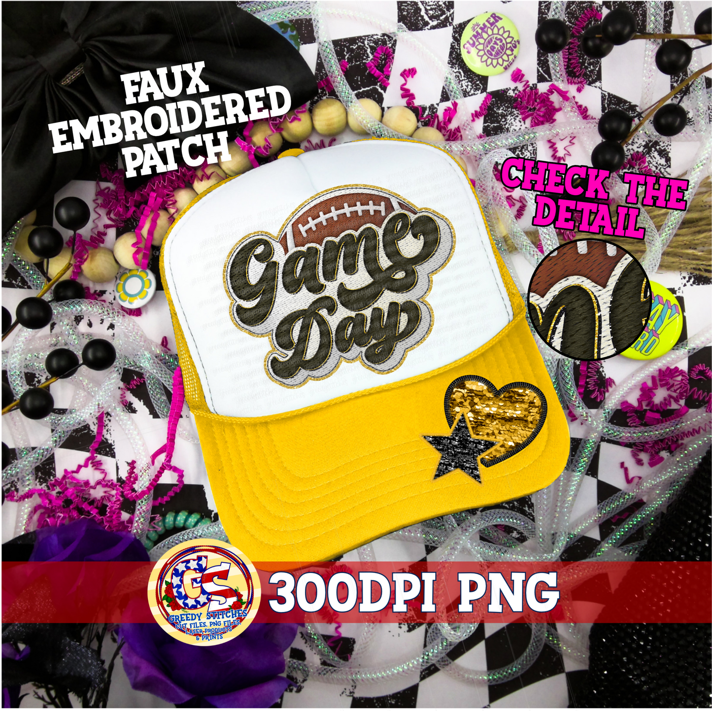 Football Game Day Black Gold PNG - Faux Embroidered Patch Trucker Hats PNG