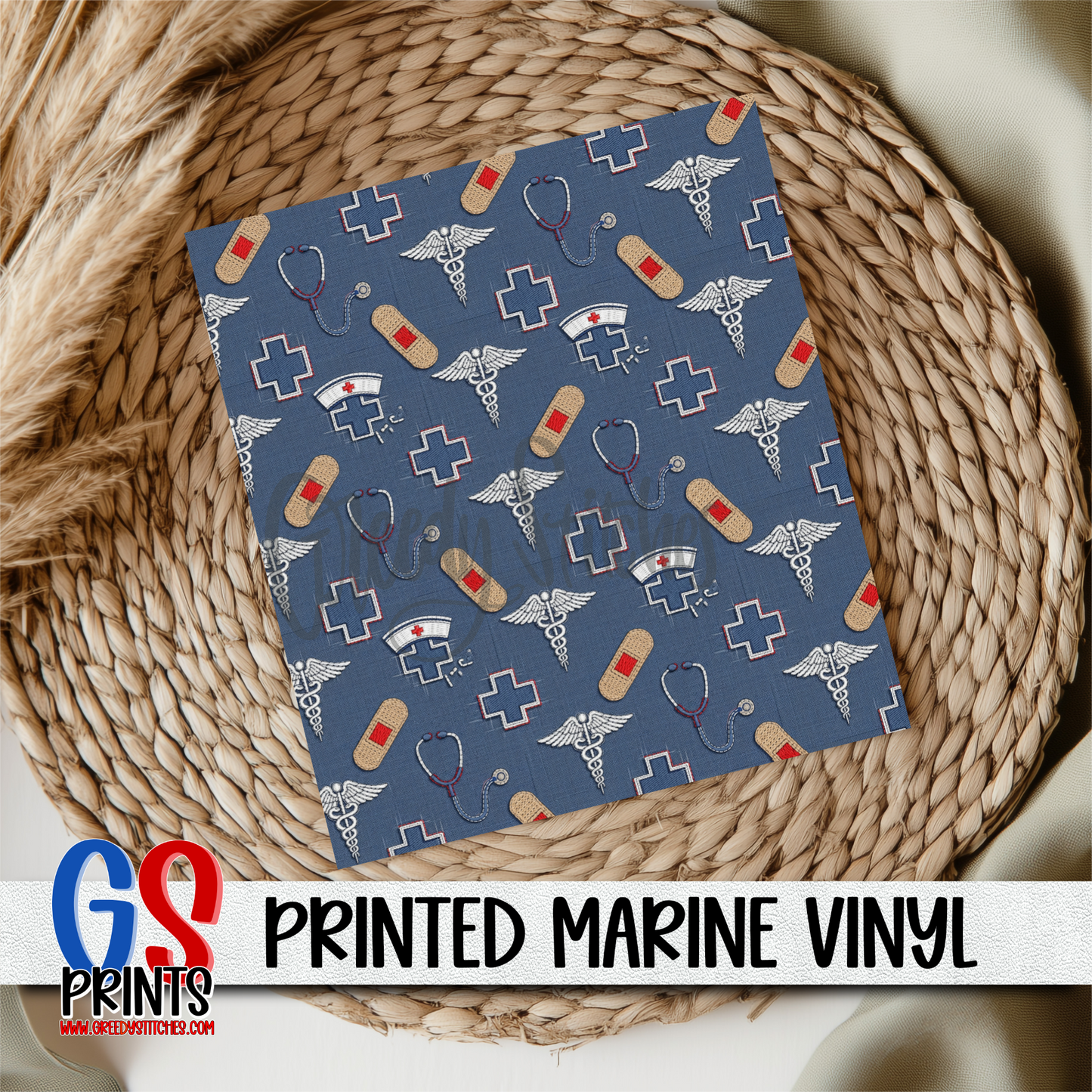 Nurse Faux Denim Embroidery Marine Vinyl