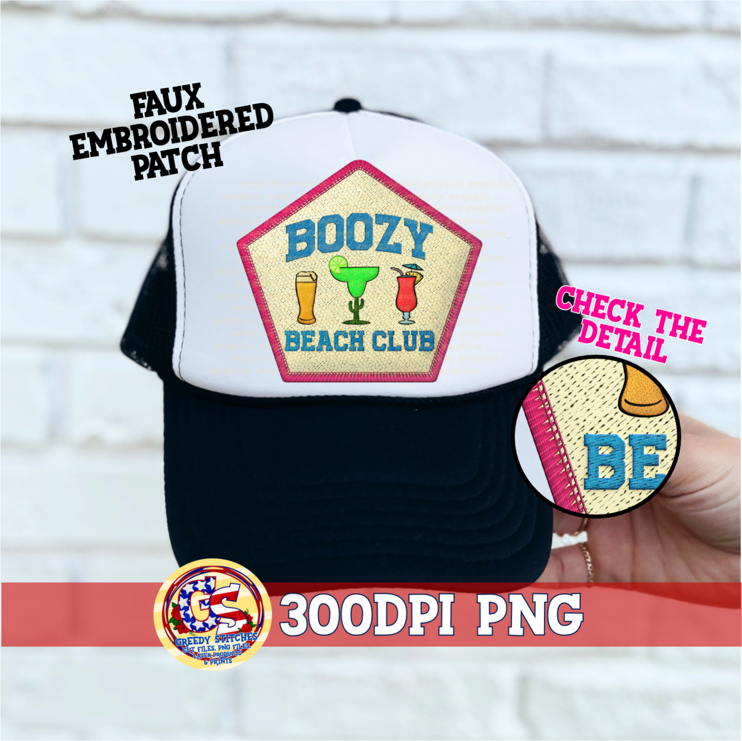 Boozy Beach Club PNG - Rude Faux Embroidered Patch Trucker Hats PNG