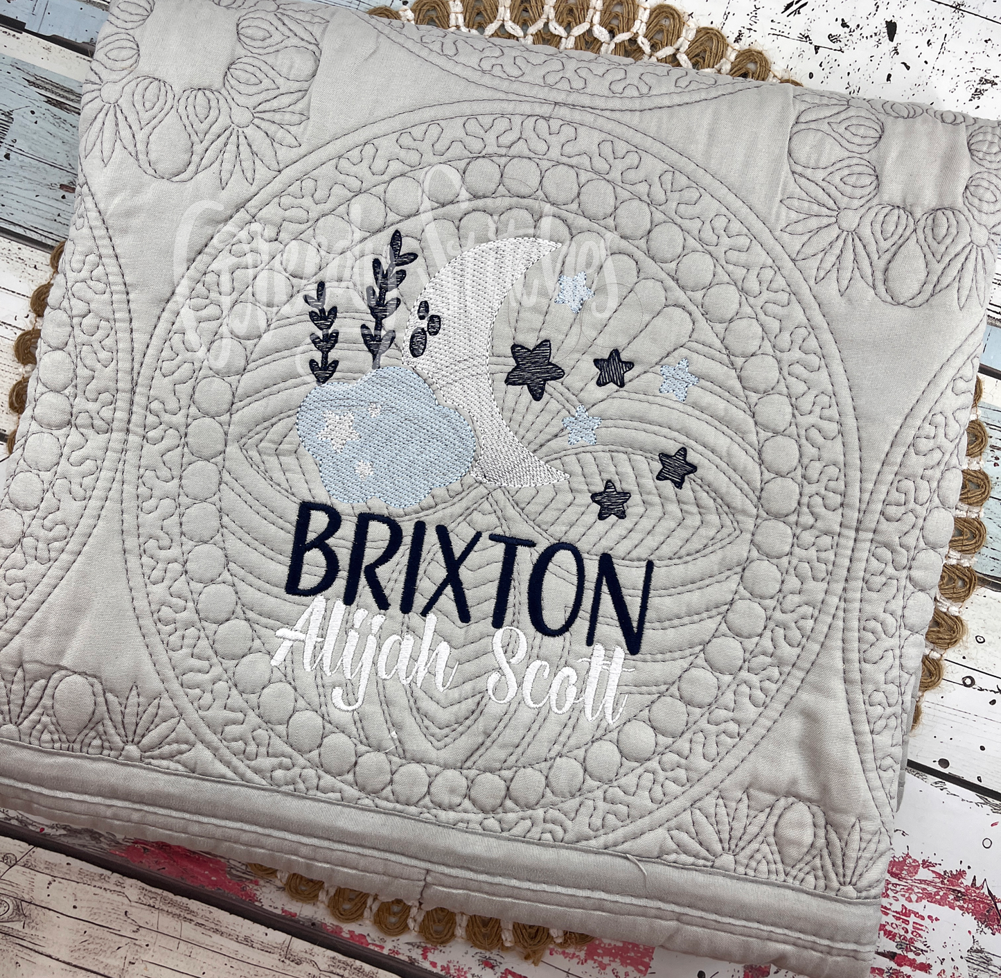 Embroidered Moon & Stars Personalized Heirloom Quilt in White