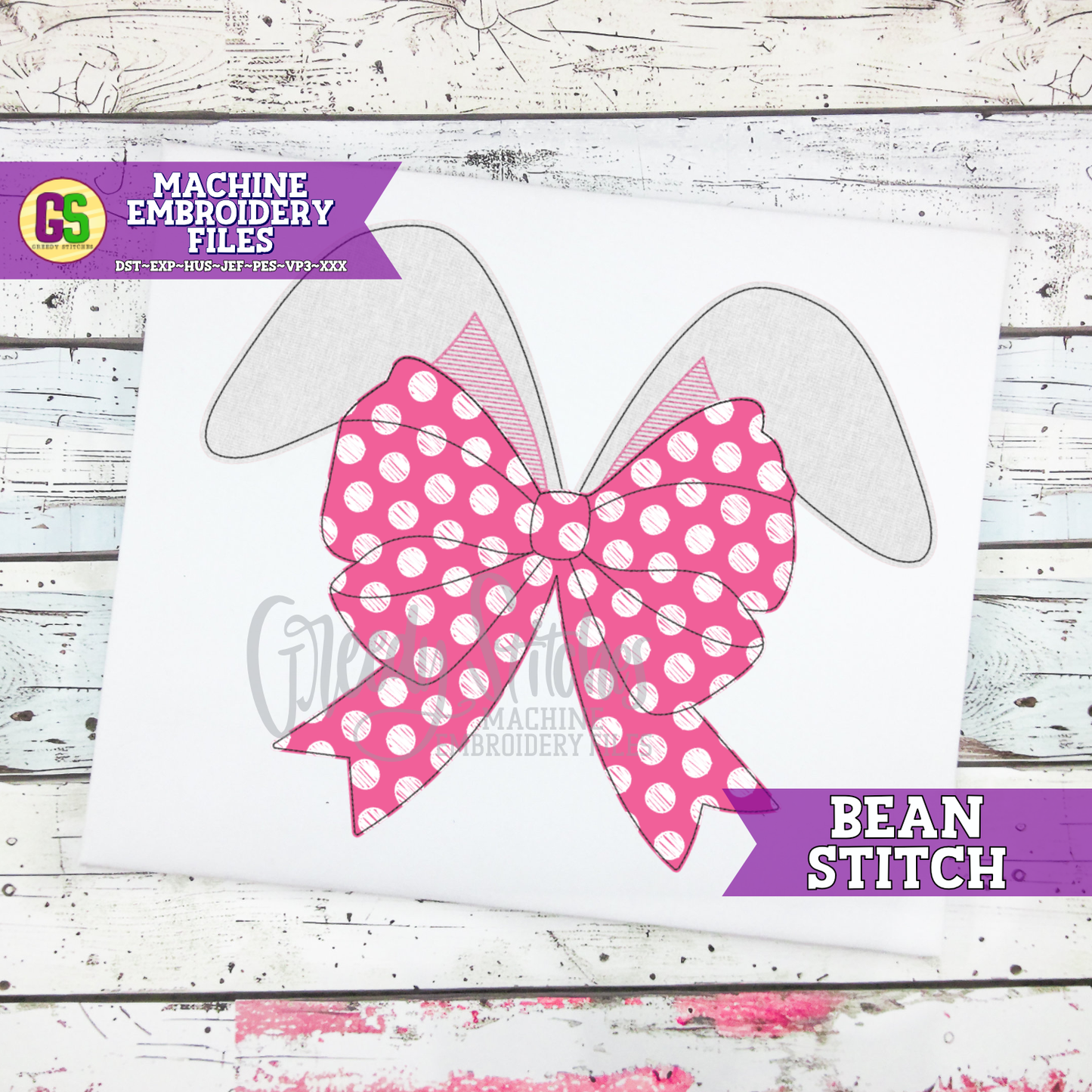 Bunny Ears with Bow Bean Stitch Machine Embroidery Design