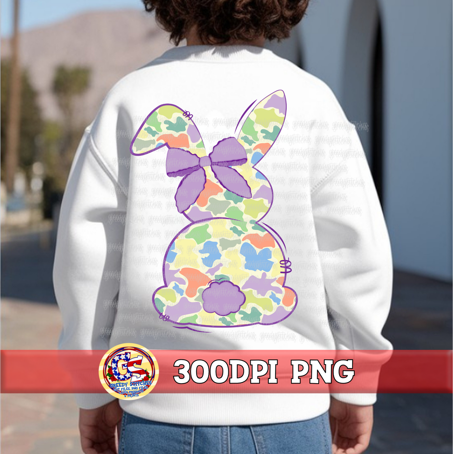 Duck Marsh Camo Easter Bunny with Purple Bow PNG