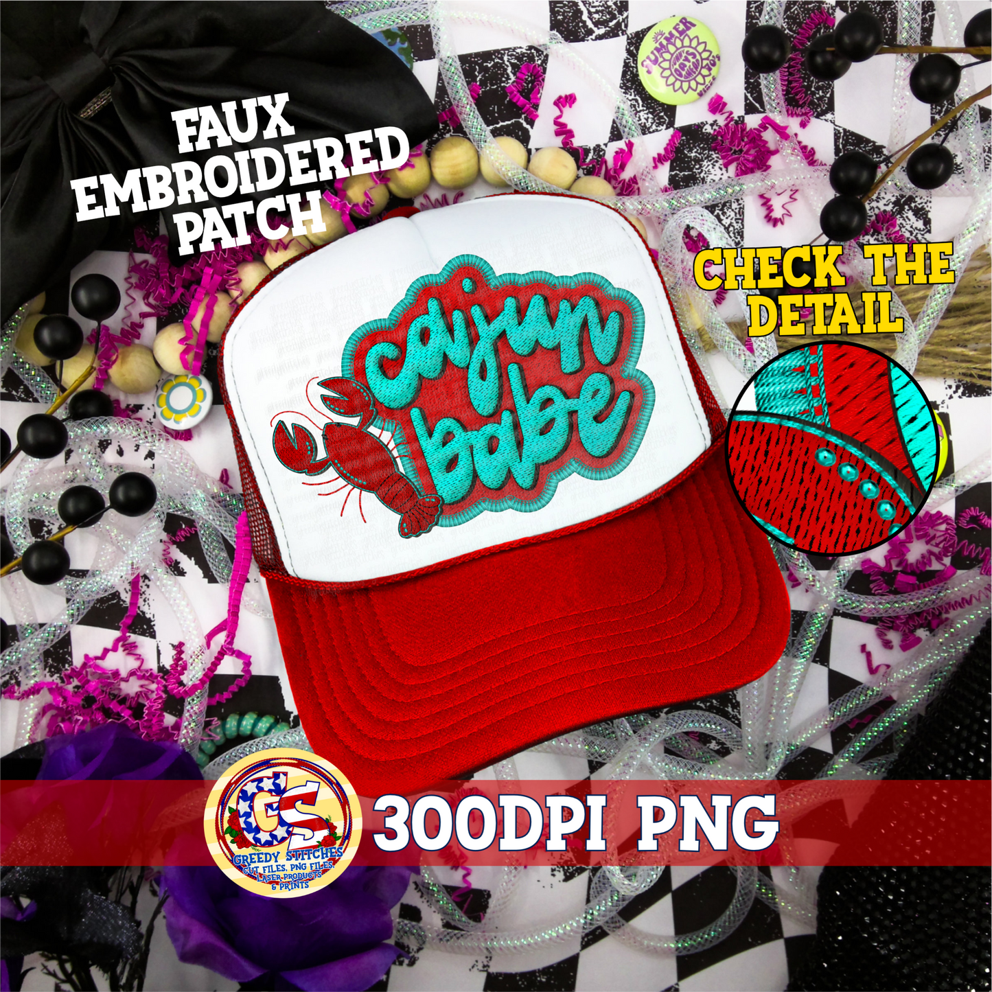 Cajun Babe PNG - Crawfish Faux Embroidered Patch Trucker Hats PNG