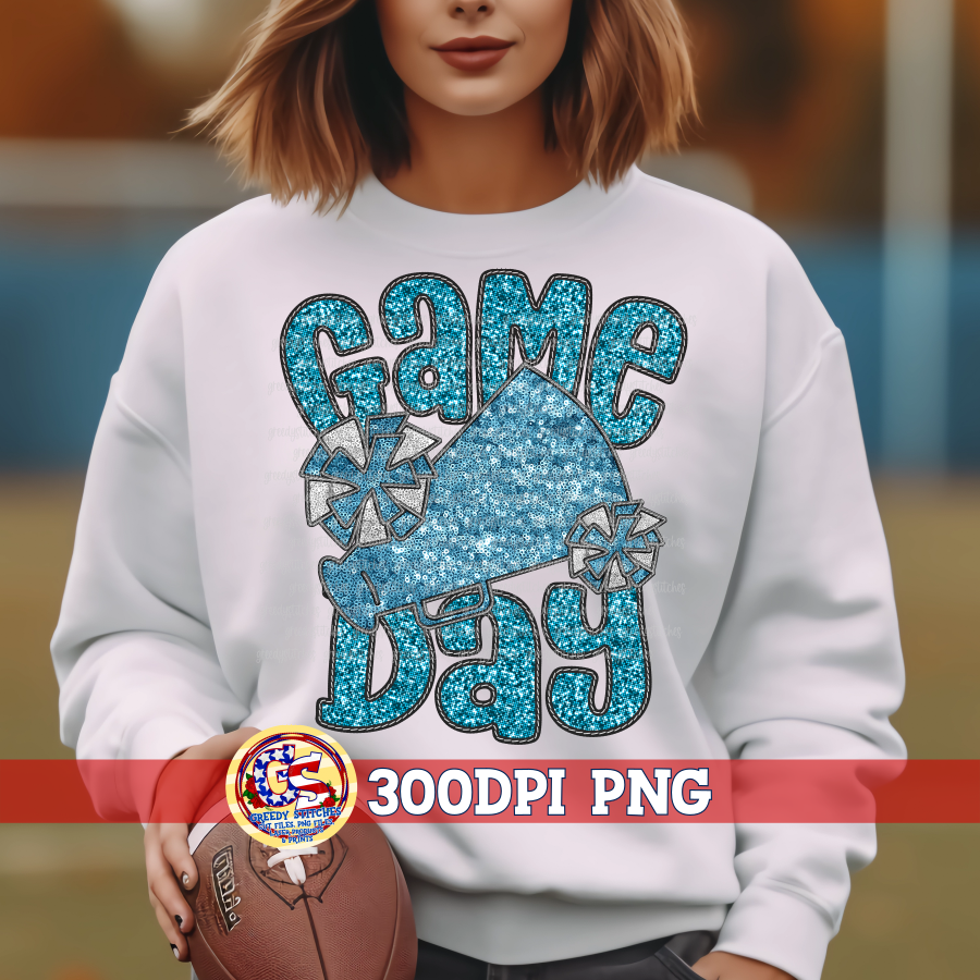 Game Day Cheer Faux Embroidery Sequins Columbia Blue PNG