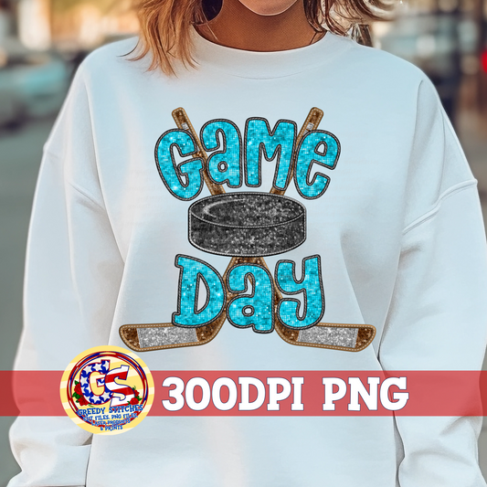 Hockey Game Day Columbia Blue Faux Embroidery Sequins PNG