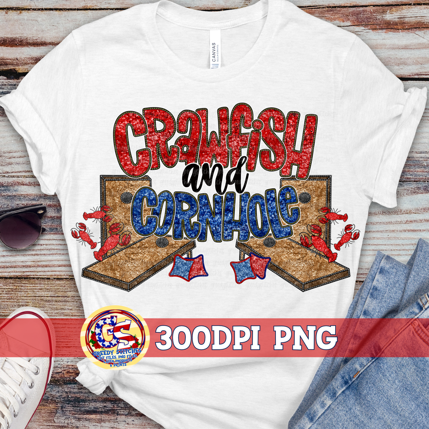 Crawfish and Cornhole Faux Embroidery Sequins PNG