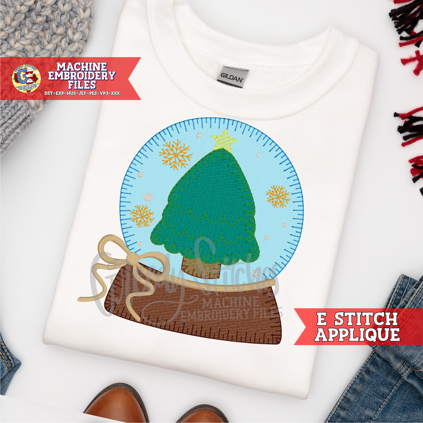 Christmas Tree Snow Globe E Stitch Applique Machine Embroidery Design