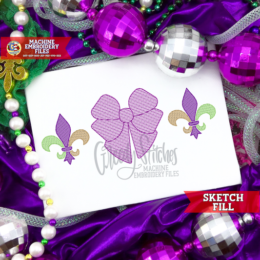Mardi Gras Bow Fleur De Lis Sketch Machine Embroidery Design - Mardi Gras Embroidery