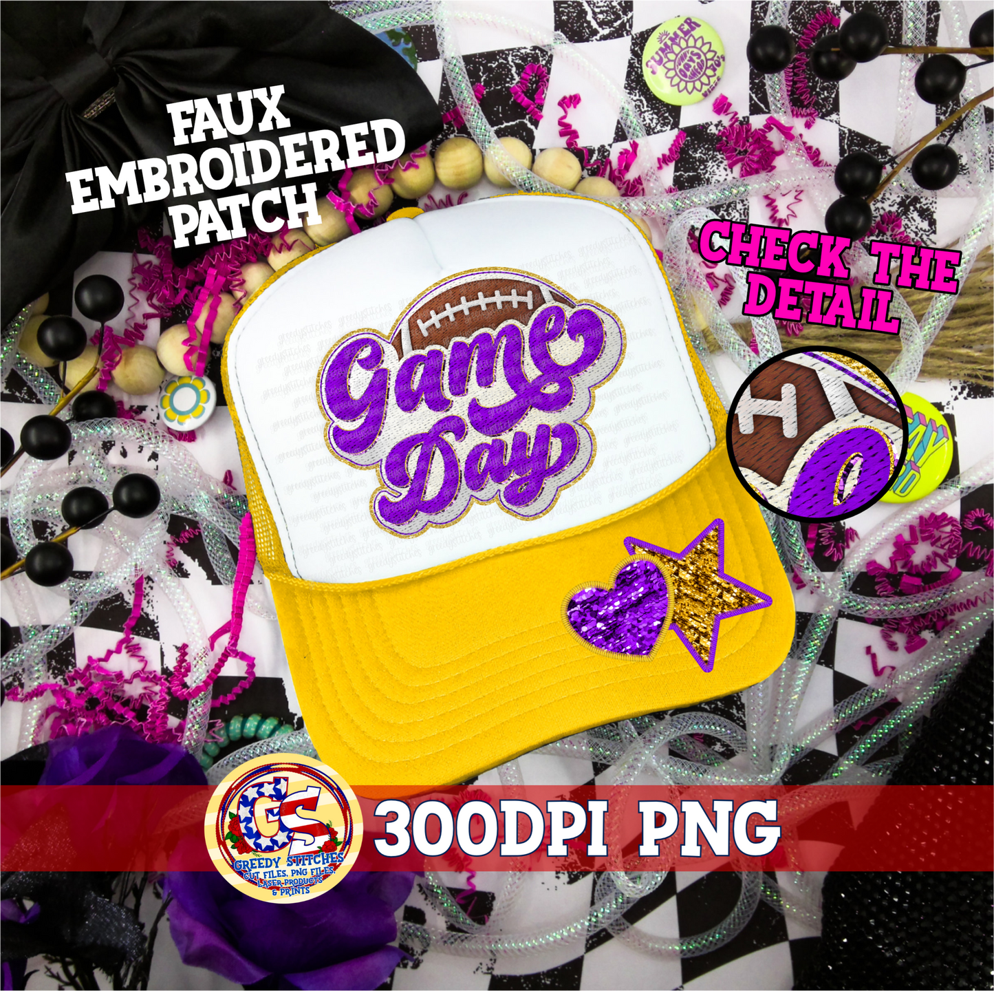 Football Game Day Purple Gold PNG - Faux Embroidered Patch Trucker Hats PNG