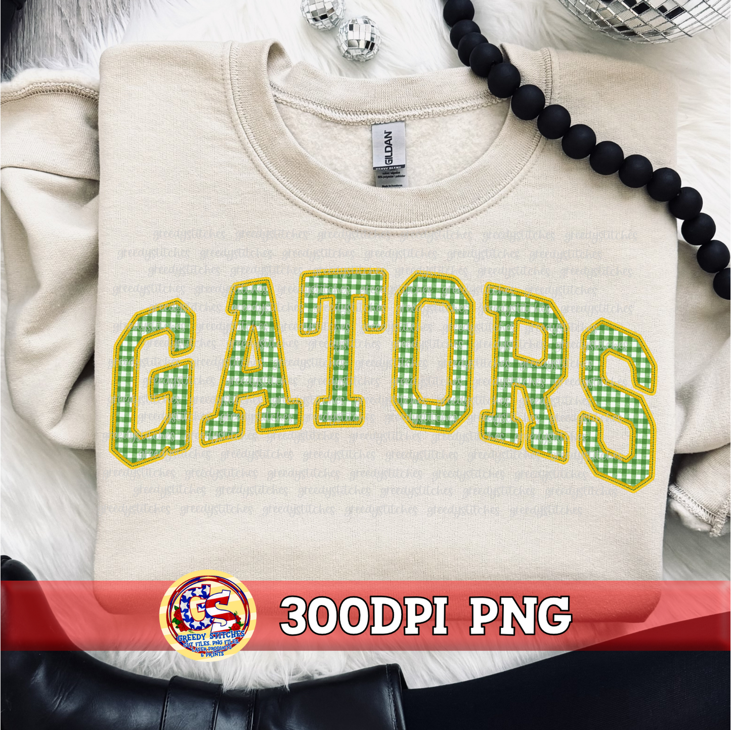 Gators Gingham Faux Embroidery PNG - Green Yellow