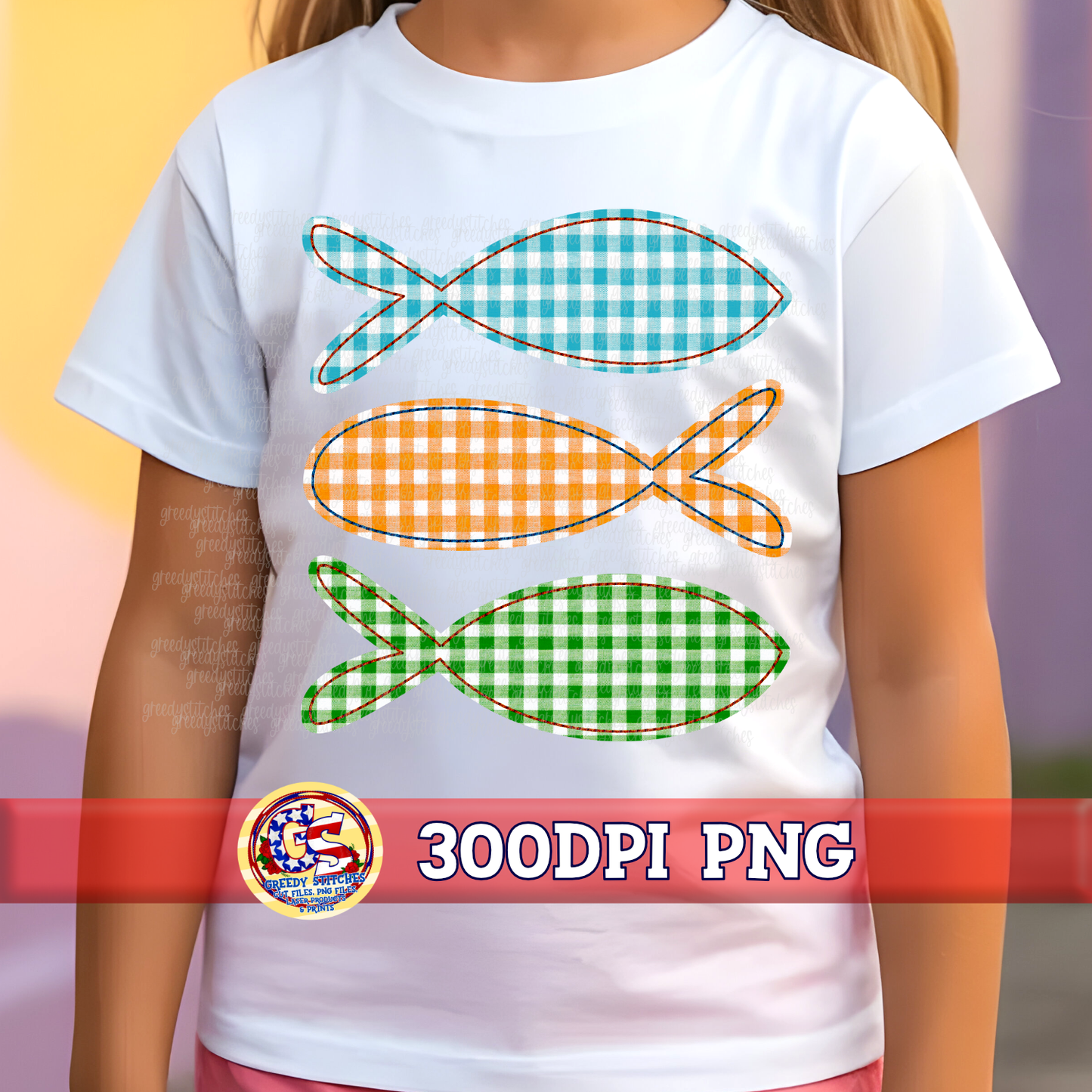 Gingham Fish Trio PNG - Faux Embroidered PNG