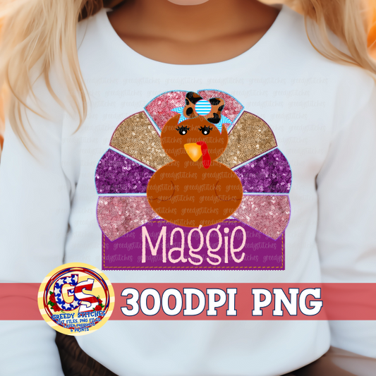 Faux Embroidery Sequins Thanksgiving Girl Turkey PNG