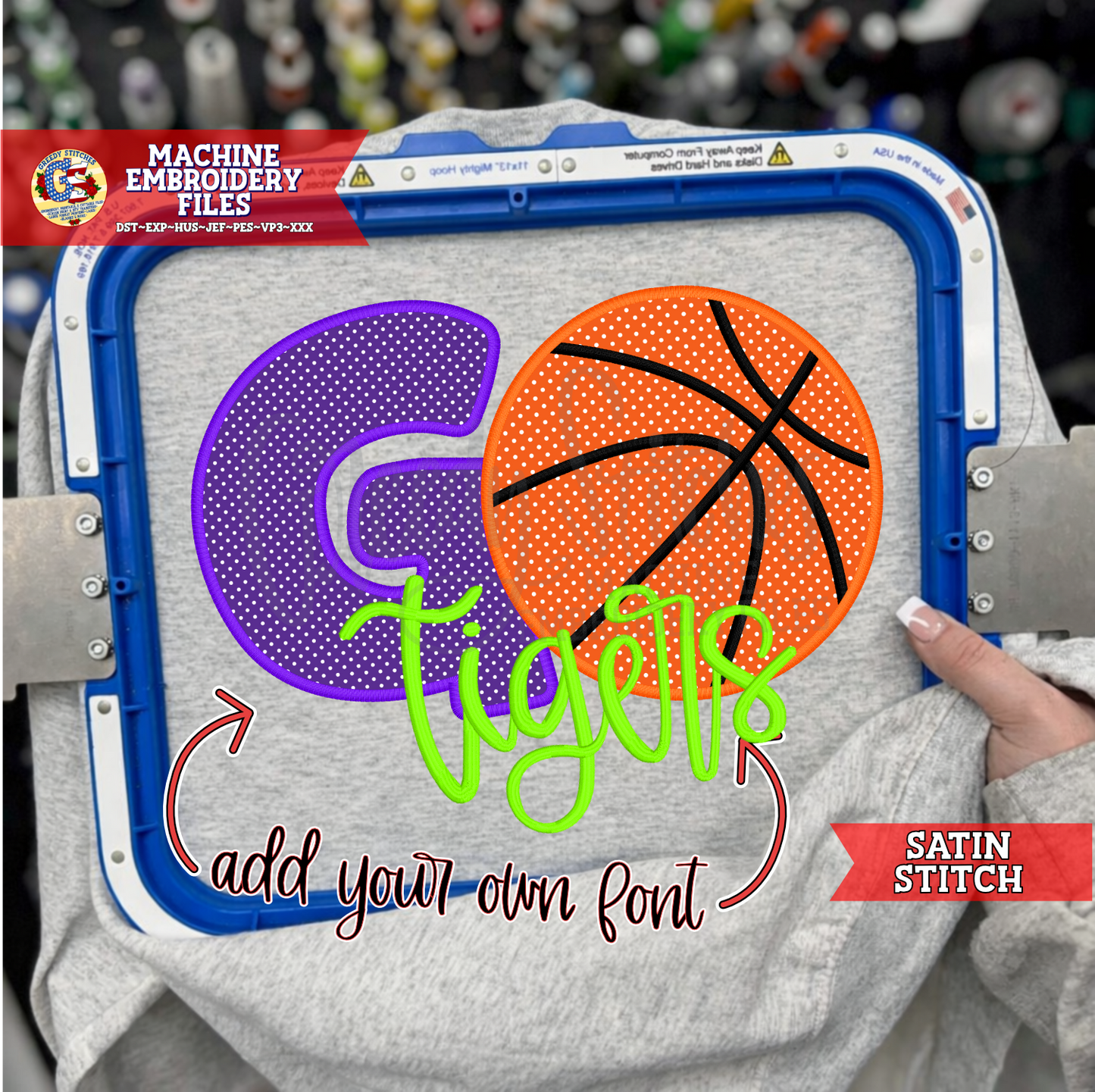 Go Basketball Satin Stitch Applique Machine Embroidery Design
