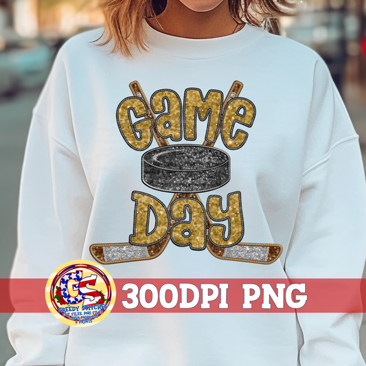 Hockey Game Day Gold Faux Embroidery Sequins PNG