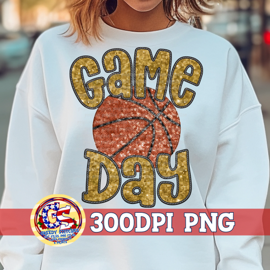Basketball Game Day Gold Faux Embroidery Sequins PNG