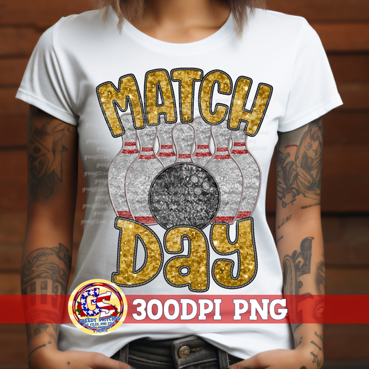 Bowling Match Day Gold Faux Embroidery Sequins PNG for Sublimation