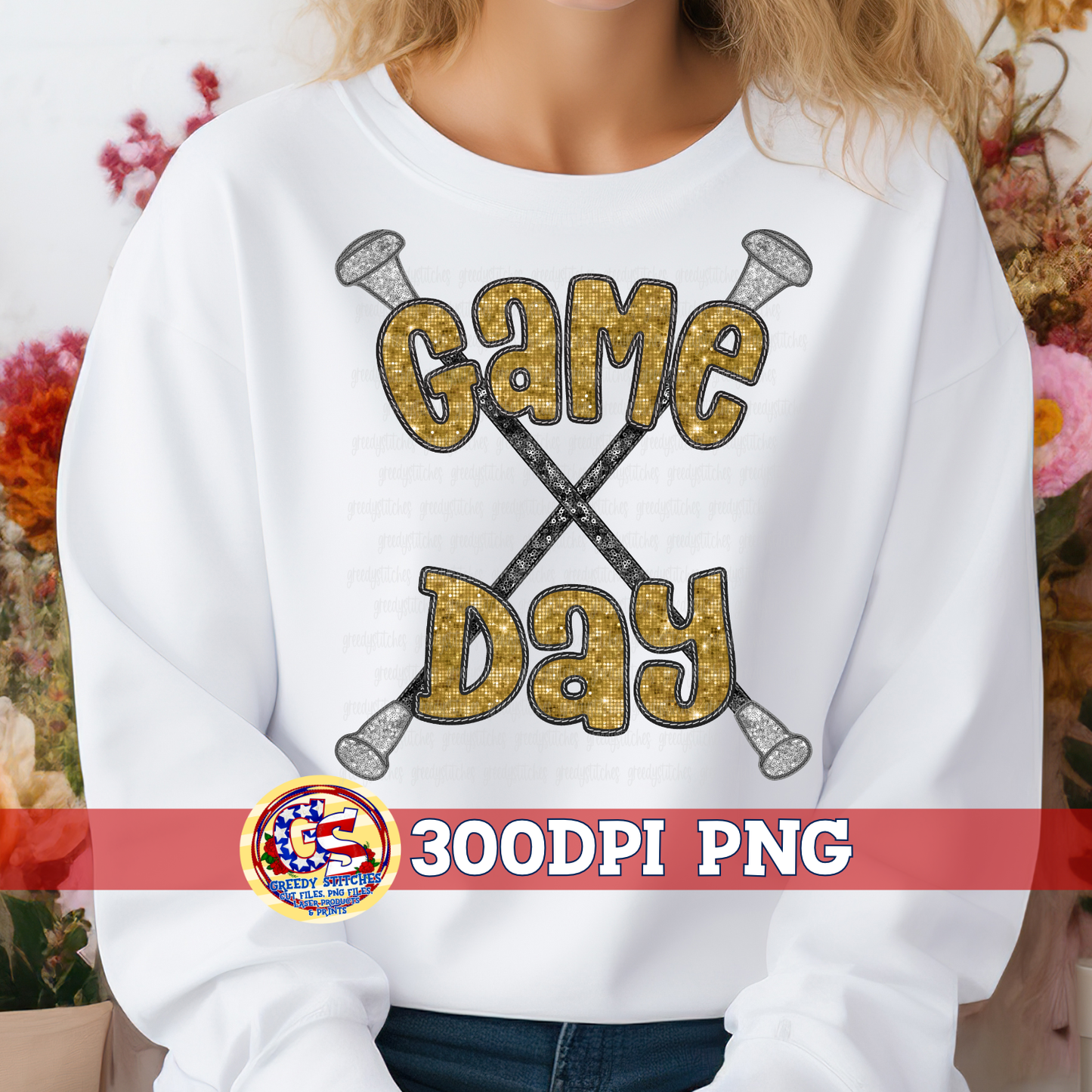 Gold Game Day Batons Faux Embroidery Sequins PNG