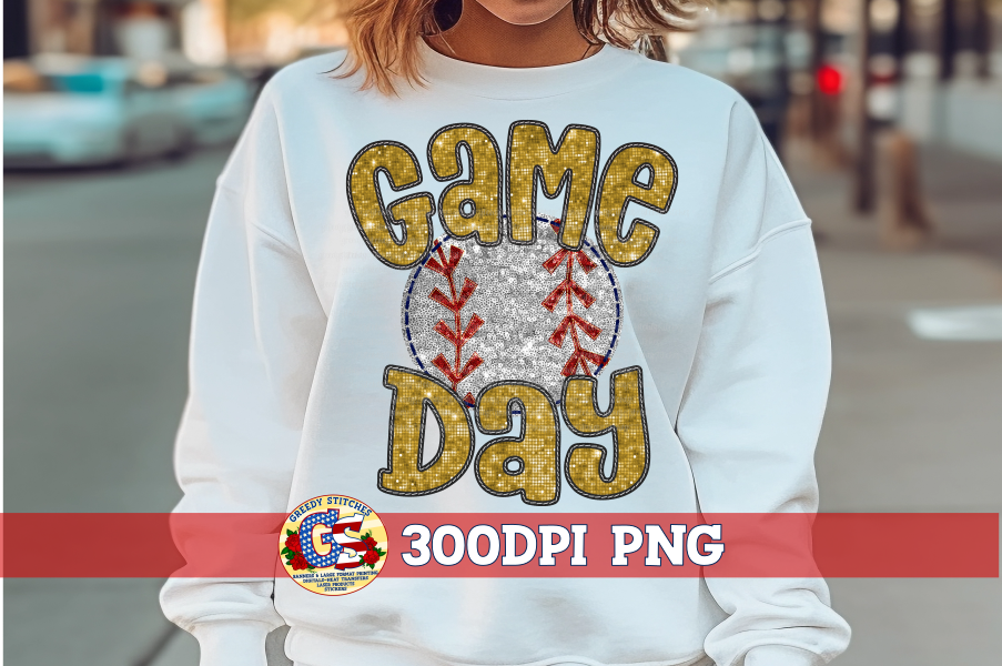 Baseball Game Day Gold Faux Embroidery Sequins PNG