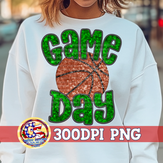 Basketball Game Day Green Faux Embroidery Sequins PNG