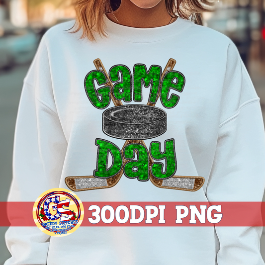Hockey Game Day Green Faux Embroidery Sequins PNG