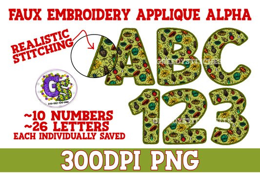 Green Grimy Bug Faux Embroidery Alpha & Number PNG Set