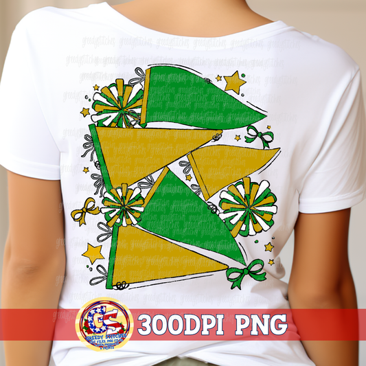 Green Gold Spirit Pennants & Poms PNG - Homecoming PNG