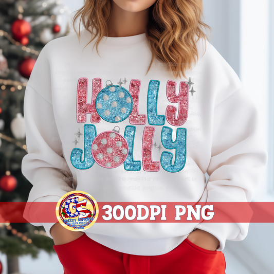 Holly Jolly Pink Blue Faux Sequin Embroidery Applique PNG