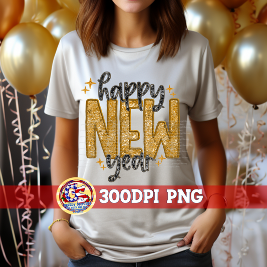 Happy New Year Faux Embroidery Sequins PNG