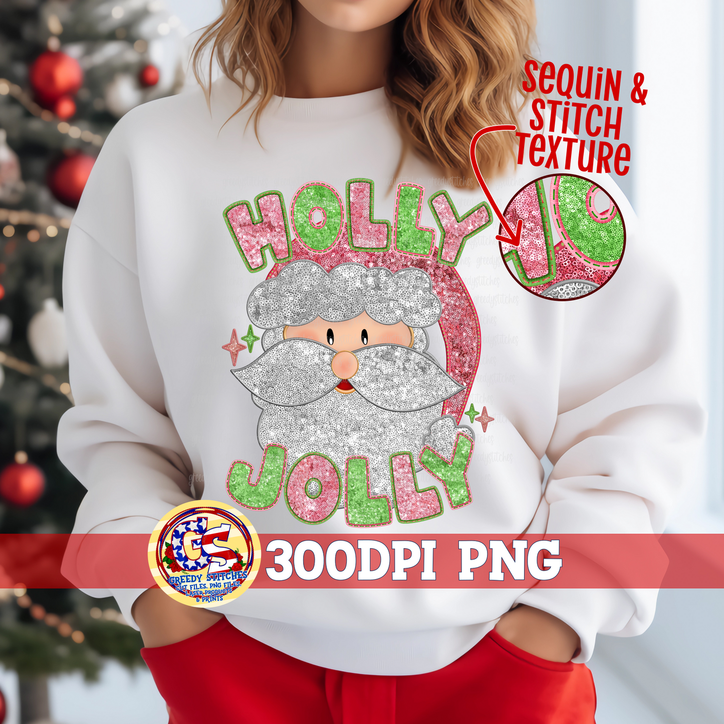 Santa Holly Jolly Faux Embroidery Sequins PNG