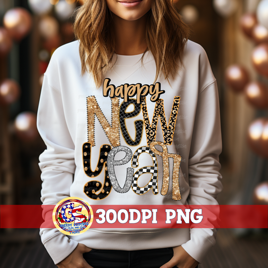 Happy New Year Faux Embroidery Sequins PNG