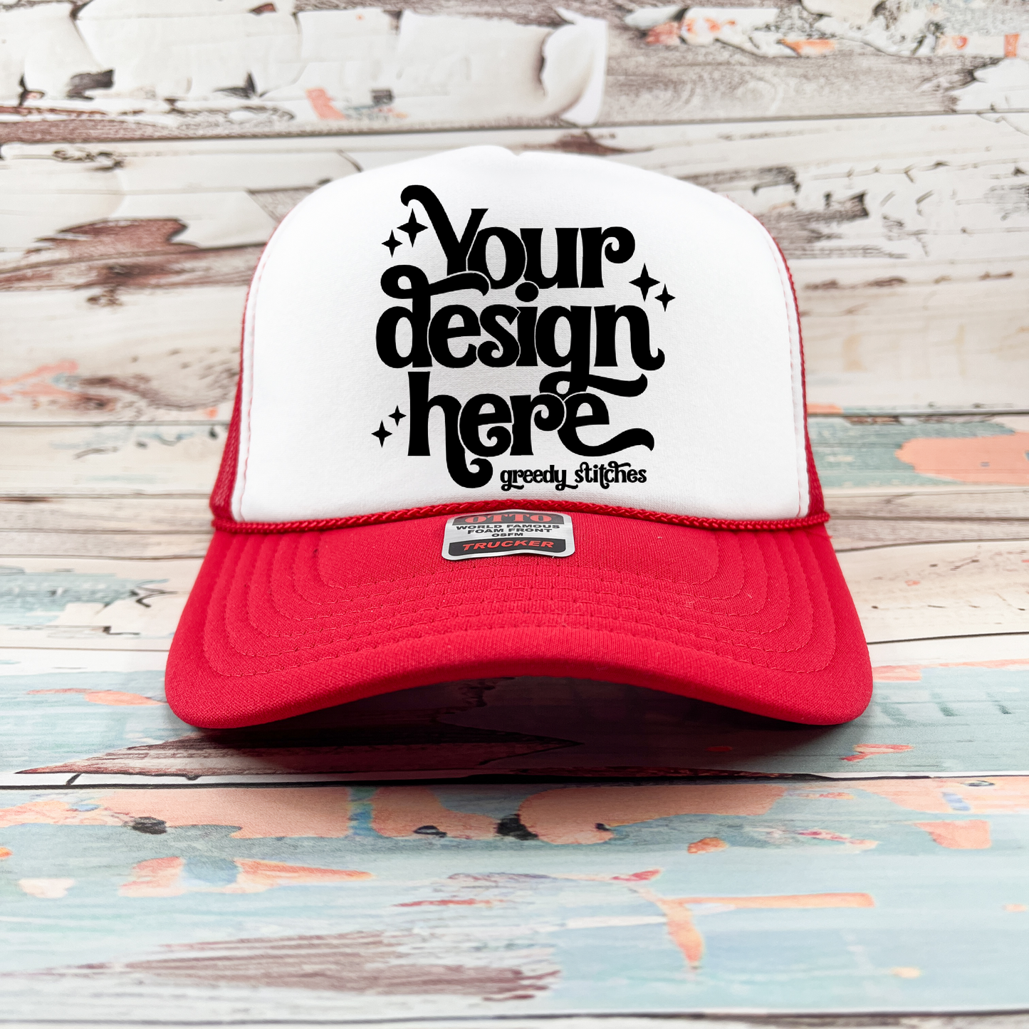 Red & White Otto Trucker Hat Mockup