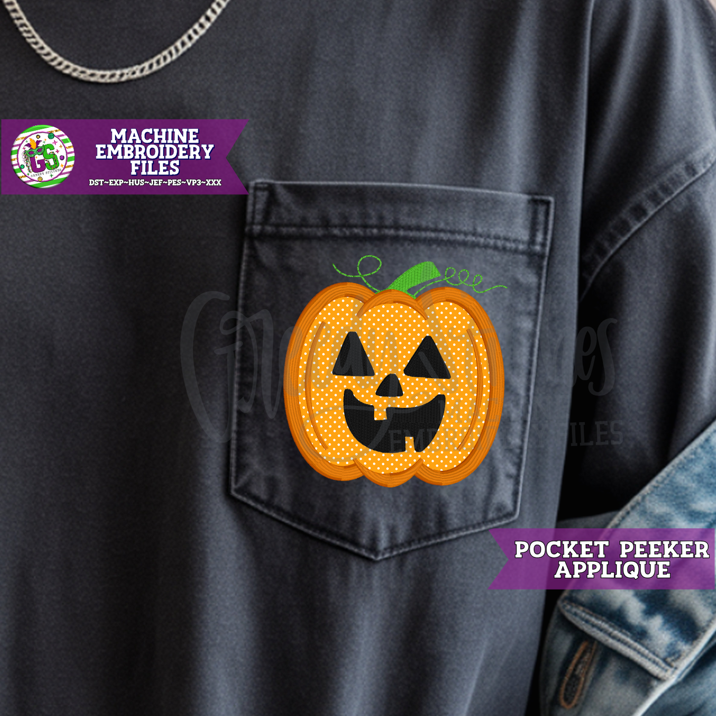 Jack O Lantern Applique Pocket Peeker Machine Embroidery Design
