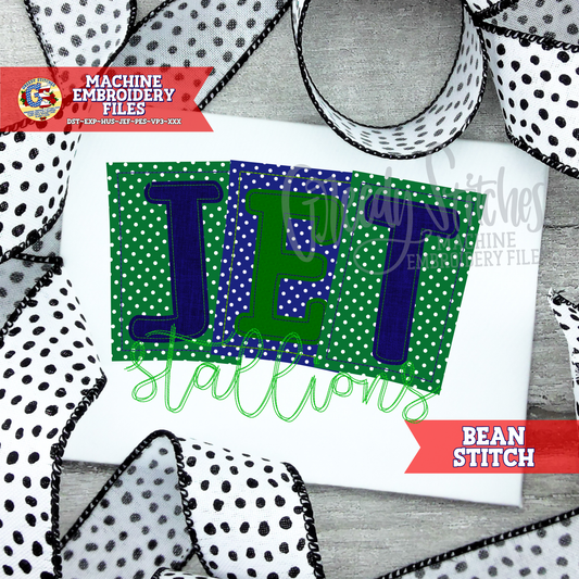 JET Stallions Bean Stitch Applique Machine Embroidery Design - J.E. Turner Elementary