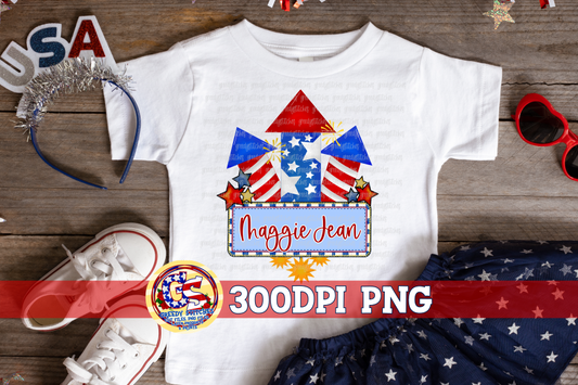 July 4th Firecrackers with Name Box PNG for Sublimation