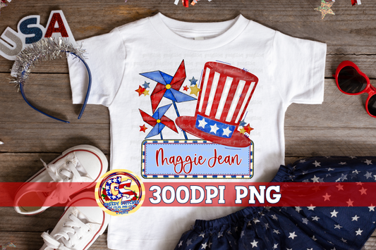 July 4th Hat & Whirligig with Name Box PNG for Sublimation