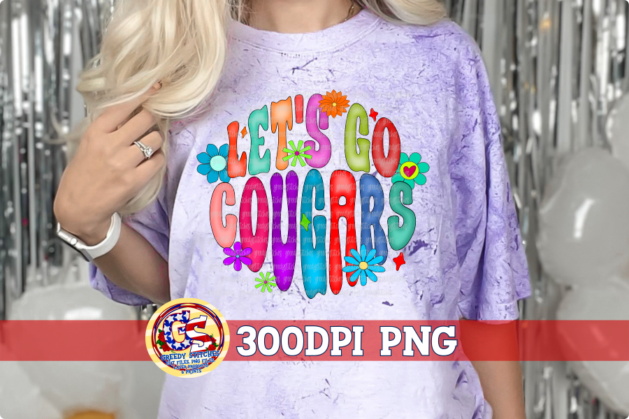 Let's Go Cougars Groovy Retro Flowers PNG for Sublimation