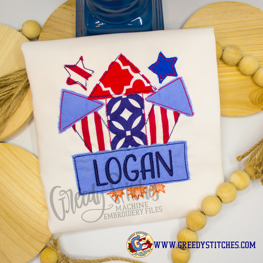 July 4th Firecracker with Name Box Applique Machine Embroidery Design