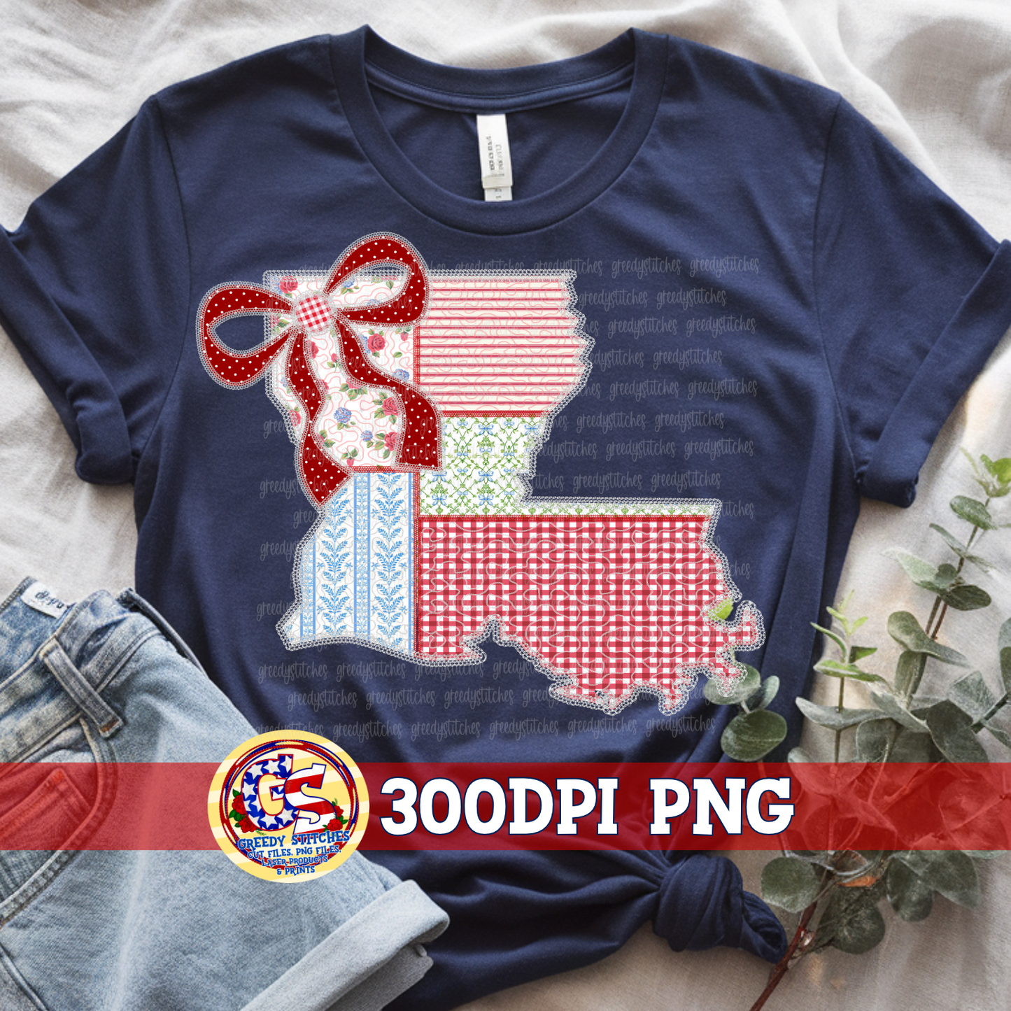July 4th Louisiana Faux Quilted & Lace PNG