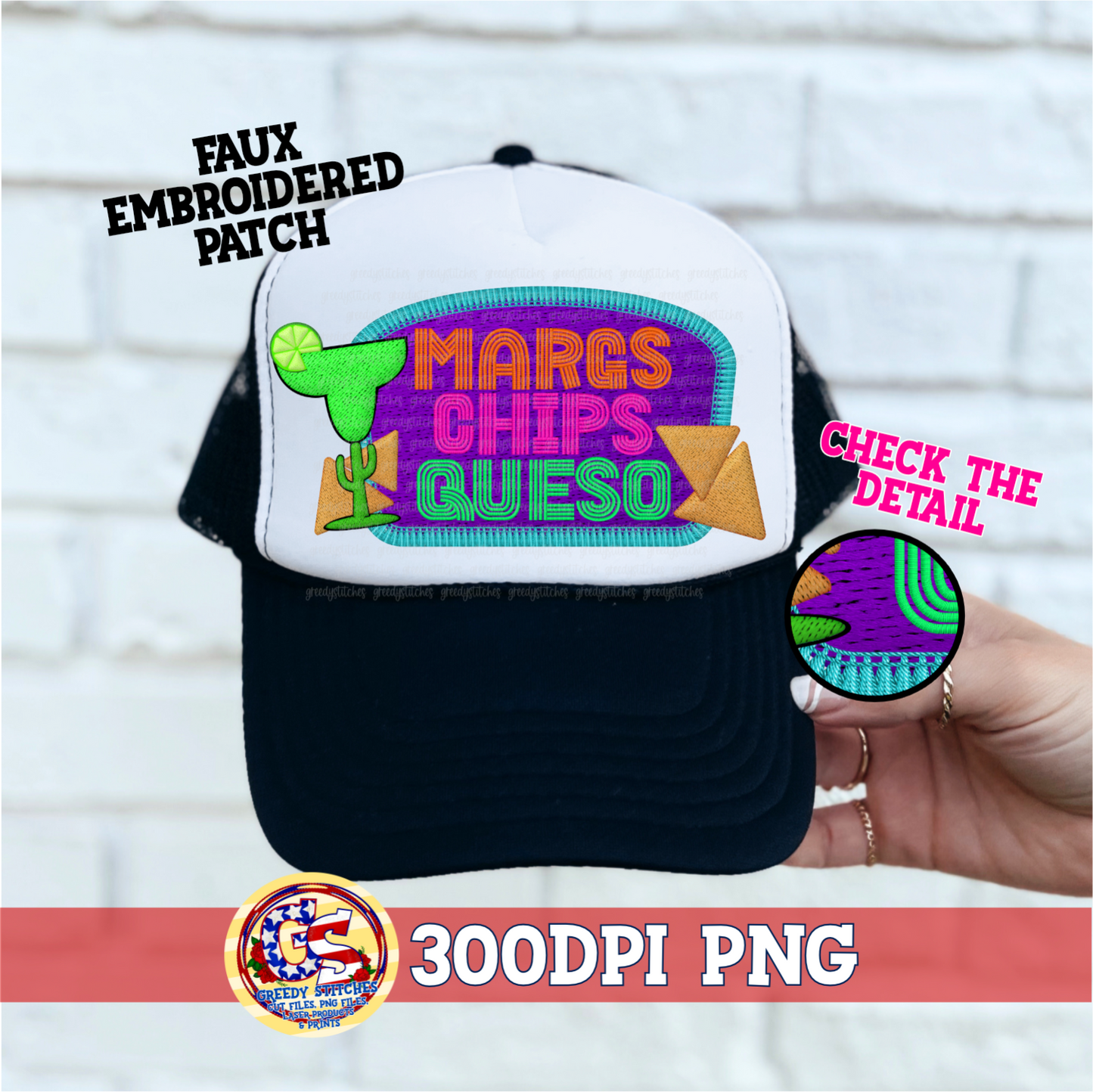 Margs Chips Queso PNG - Faux Embroidered Patch Trucker Hats PNG