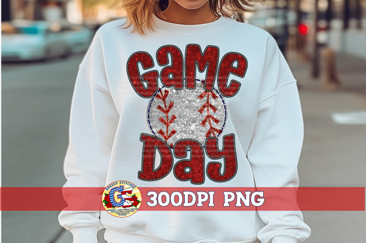 Baseball Game Day Maroon Faux Embroidery Sequins PNG