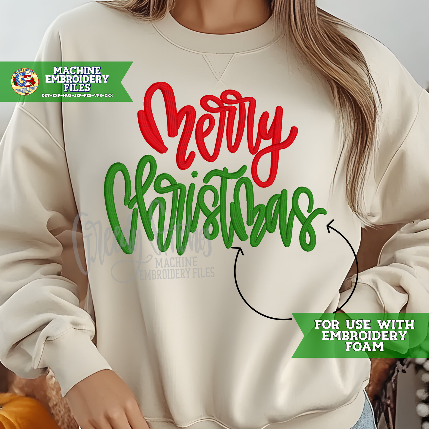 Hand Lettered Merry Christmas Machine Embroidery Design - FOR PUFF FOAM