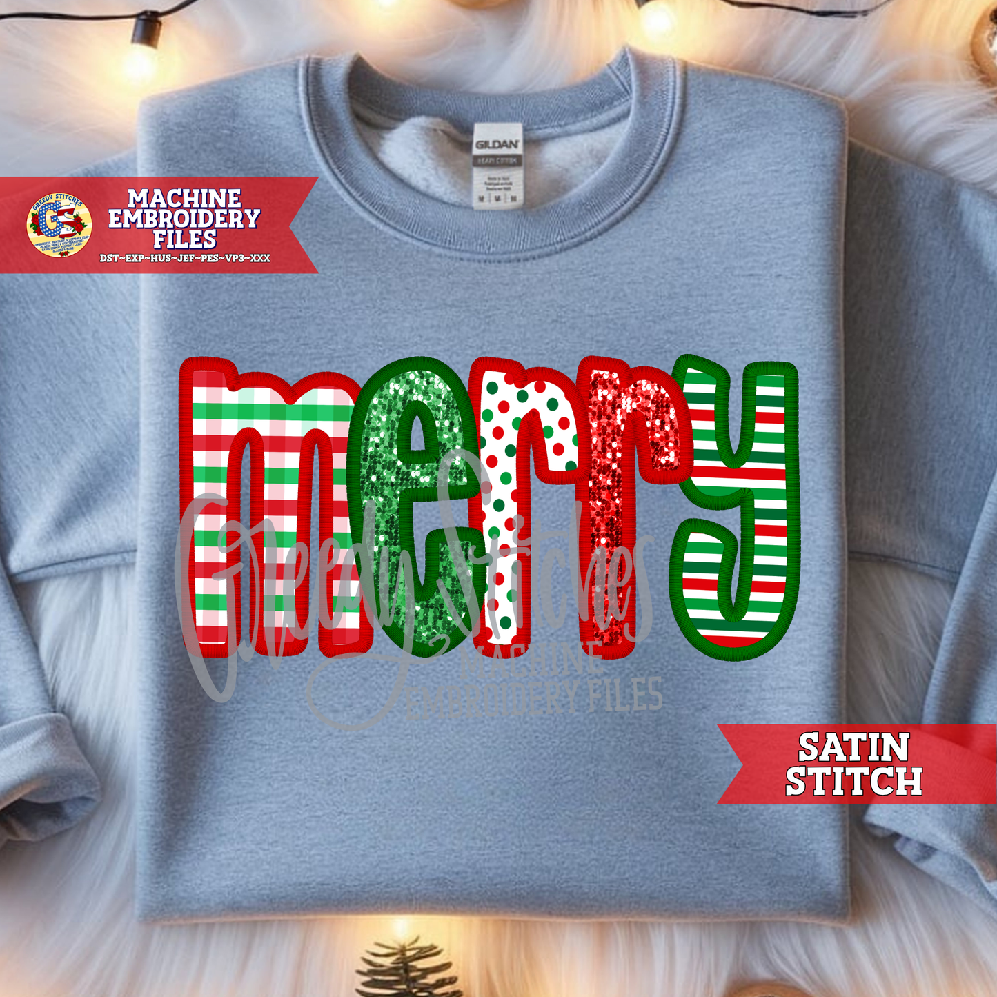 Merry Satin Stitch Applique Machine Embroidery Design