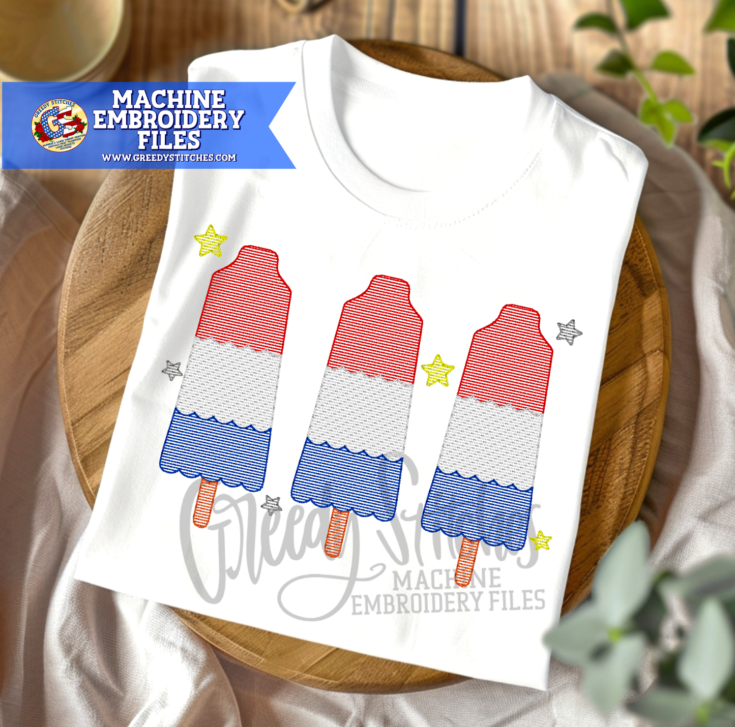 Red White Blue Popsicles Inflated Machine Embroidery Design