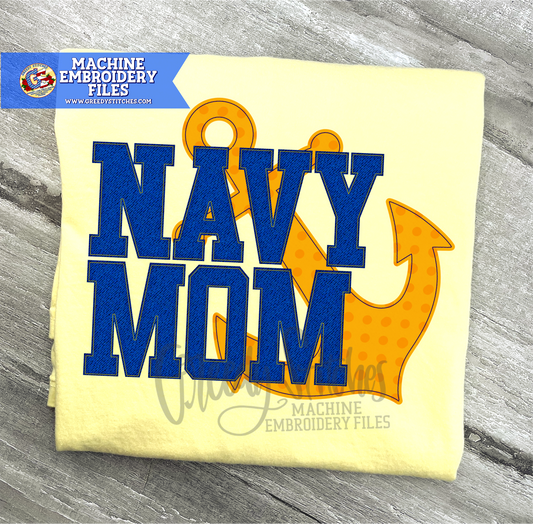 Navy Mom Anchor Bean Stitch Applique Machine Embroidery