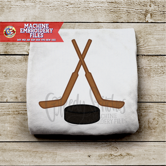 Hockey Sticks and Puck Applique Machine Embroidery Design