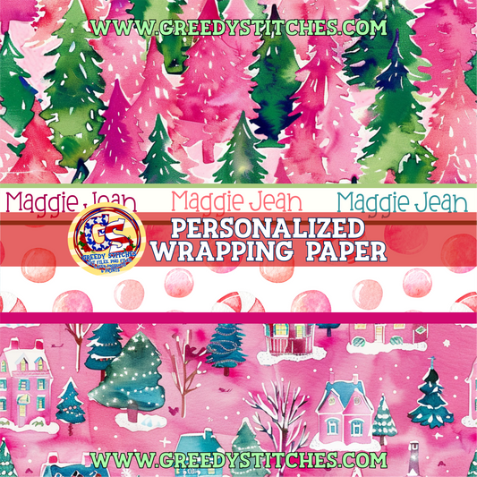 36" Pink Village Christmas Personalized Wrapping Paper