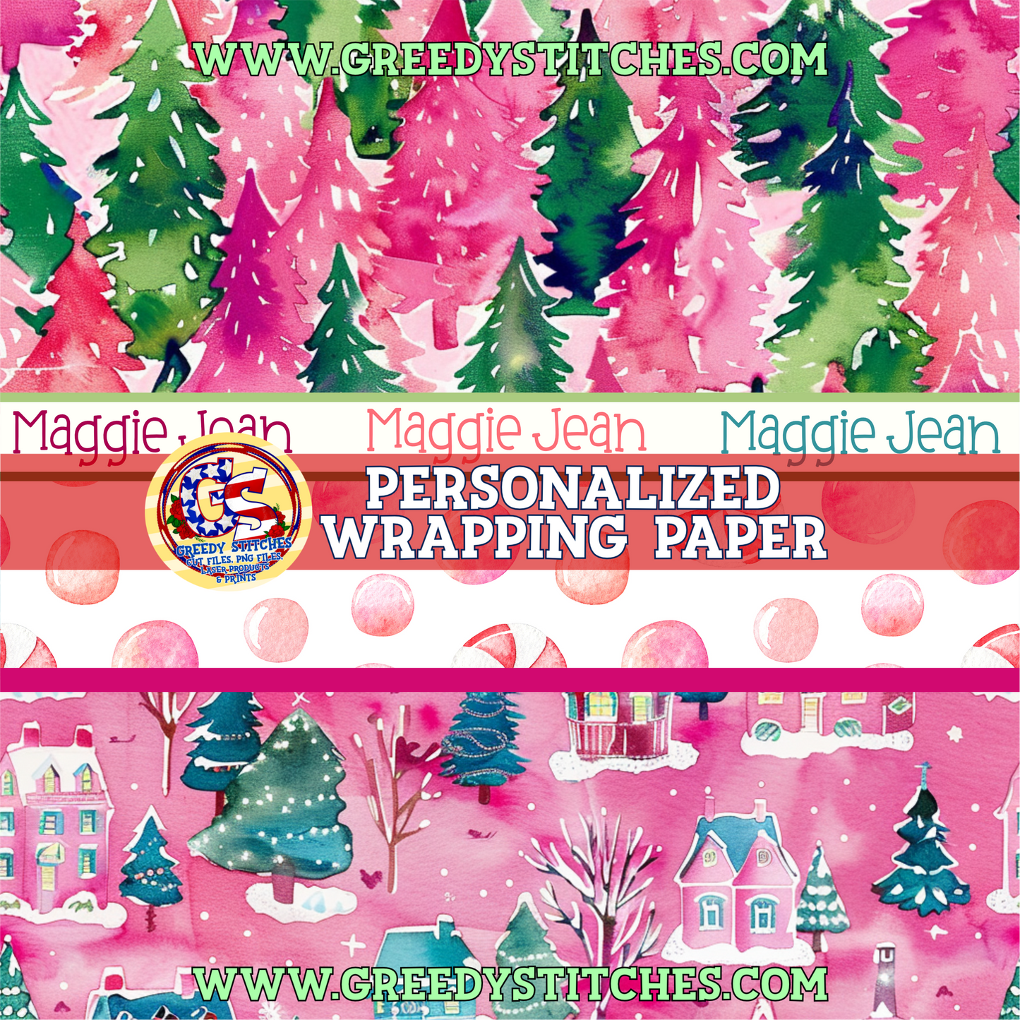 30" Pink Village Christmas Personalized Wrapping Paper